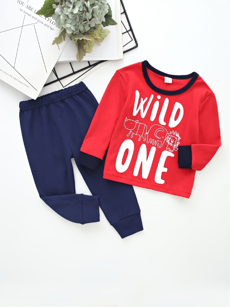 Drenge Letter Wild One Rundhals Bomuld Langærmet T-shirt Jogger Joggingbukser Sæt