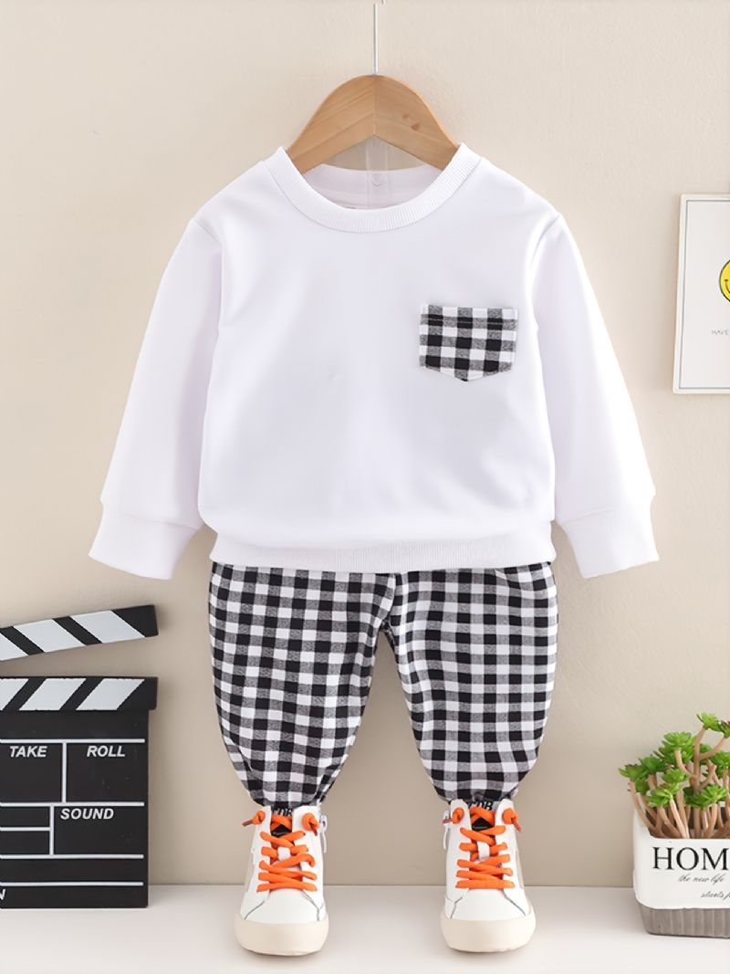 Drenge Massiv Plaid Rund Hals Bomuld Langærmet T-shirt Jogger Joggingbuks