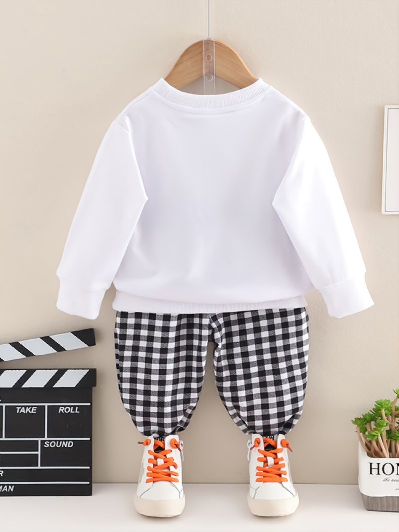 Drenge Massiv Plaid Rund Hals Bomuld Langærmet T-shirt Jogger Joggingbuks