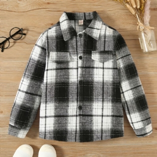 Drenge Sort Hvid Plaid Revers Knap Ned Langærmet T-shirt