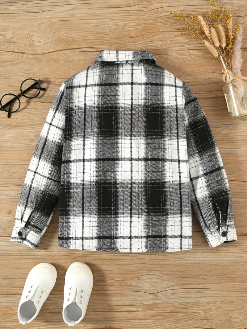 Drenge Sort Hvid Plaid Revers Knap Ned Langærmet T-shirt