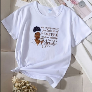 Kvinders T-shirt Casual Letter Piger Blomstertryk Rundhals Kortærmet Løs Mode Sommer
