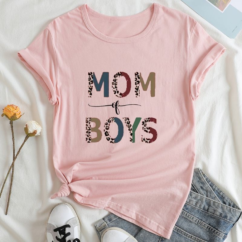 Mom Of Drenge Grafisk Print T-shirt Med Rund Hals Afslappet Løs Kortærmet Mode Sommer T-shirts Overdele Dametøj