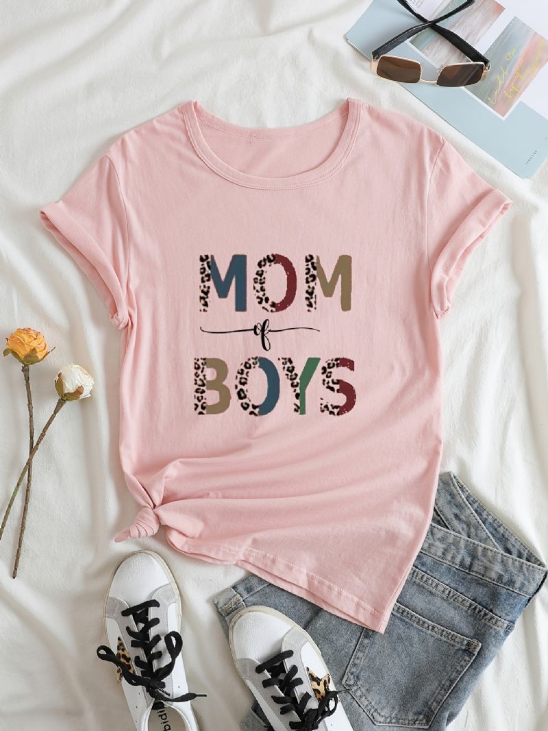 Mom Of Drenge Grafisk Print T-shirt Med Rund Hals Afslappet Løs Kortærmet Mode Sommer T-shirts Overdele Dametøj