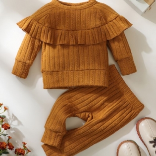 Nyfødt Spædbørn Babypiger Langærmet T-shirt Med Rund Hals Med Flæser Toppe Og Bukser Ensfarvede Outfits Til Drenge Piger Småbørn