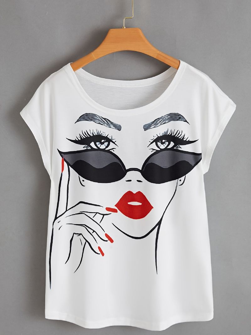 Pige Grafisk Print Solid T-shirt Rund Hals Afslappet Hverdagstop Til Forår Og Sommer Dametøj