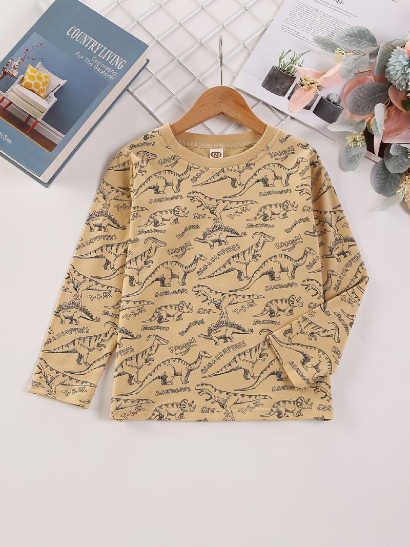 Piger Casual Pullover Langærmet Rund Hals T-shirt Med Tegneserie Dinosaur Print