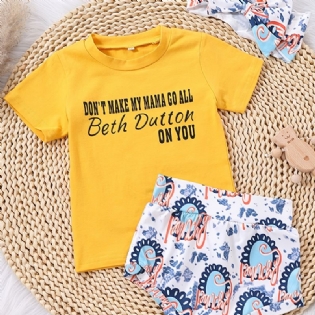 Piger Causal Cute Beth Dutton Print T-shirt & Letter Blomsterprint Shorts & Sløjfe Pandebånd