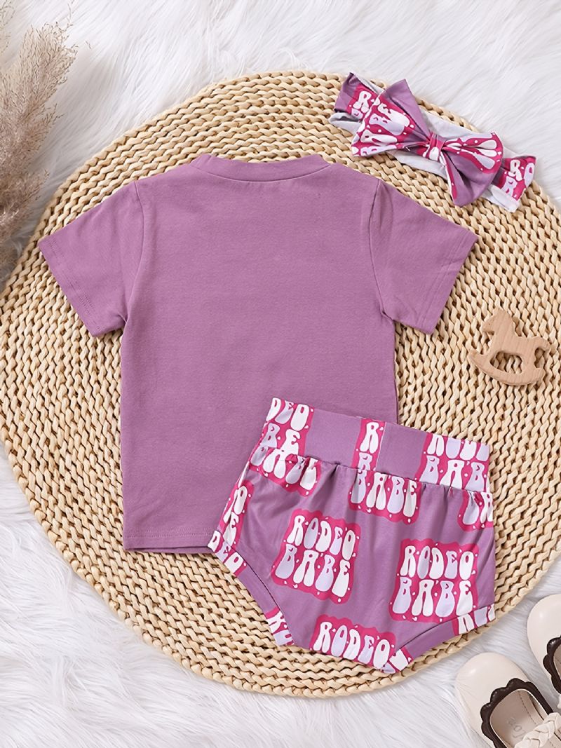 Piger Causal Cute Cowdrenge Print T-shirt & Letter Shorts & Sløjfe Pandebånd