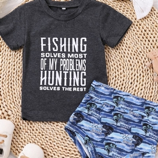 Piger Causal Fishing Print T-shirt & Fish Shorts & Bow Head Tie Rope