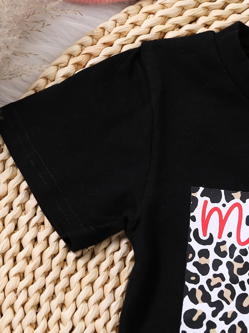 Piger Causal Letter Leopard Print T-shirt & Shorts & Sløjfe Hår Bindereb