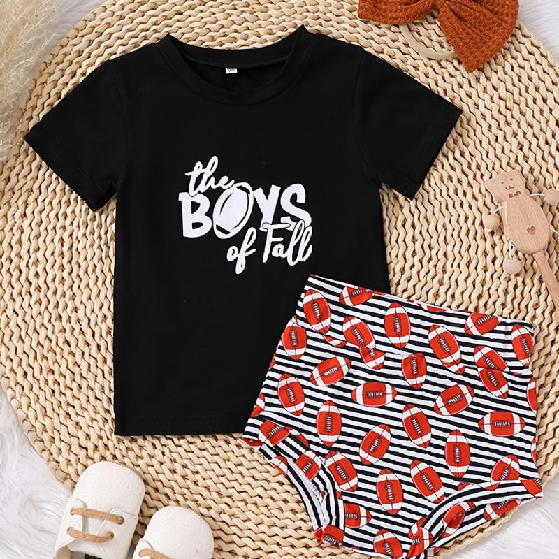 Piger Causal Letter Print T-shirt & Fodbold Shorts & Strikket Sløjfe Hår Bindereb