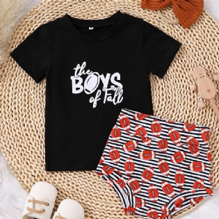 Piger Causal Letter Print T-shirt & Fodbold Shorts & Strikket Sløjfe Hår Bindereb