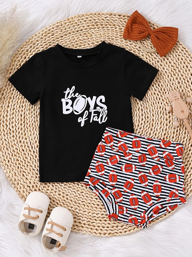 Piger Causal Letter Print T-shirt & Fodbold Shorts & Strikket Sløjfe Hår Bindereb