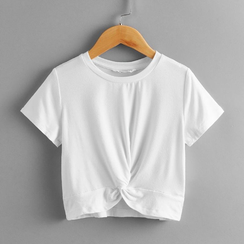 Piger Solid Crew Neck Front Twist T-shirt Shorts Sleeve Top Børnetøj