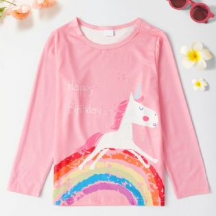 Piger Unicorn Print Rundhalset Langærmet T-shirt Forår Efterår