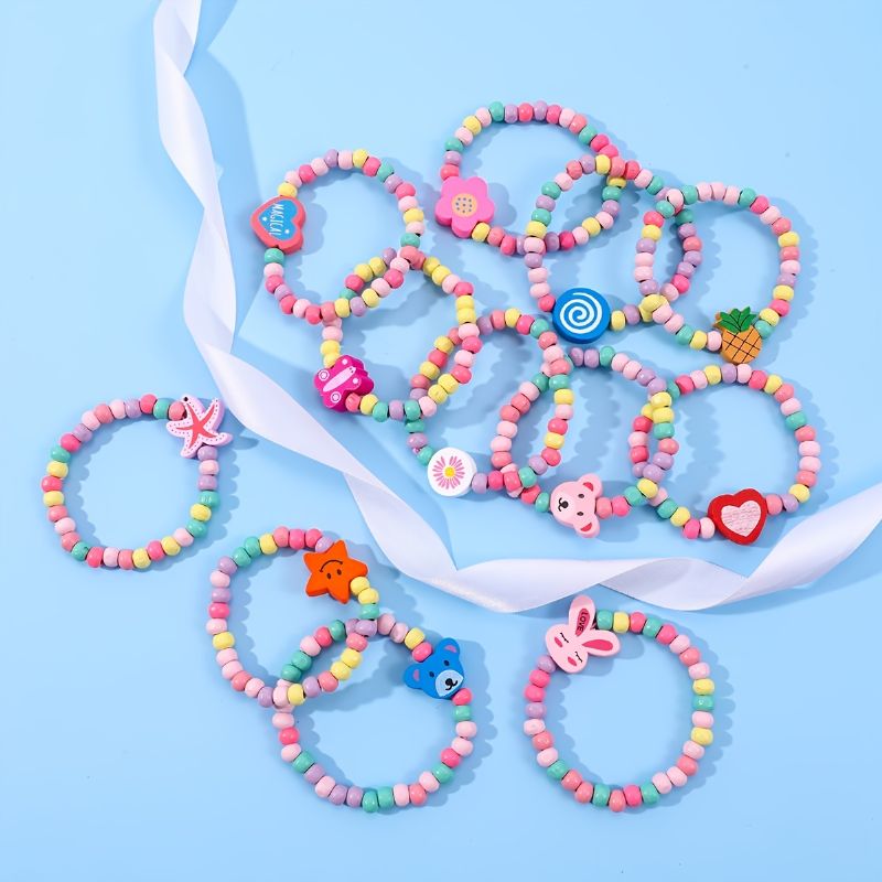 12 Stk Makersland Børnepiger Gave Farvede Træperler Armbånd Sæt