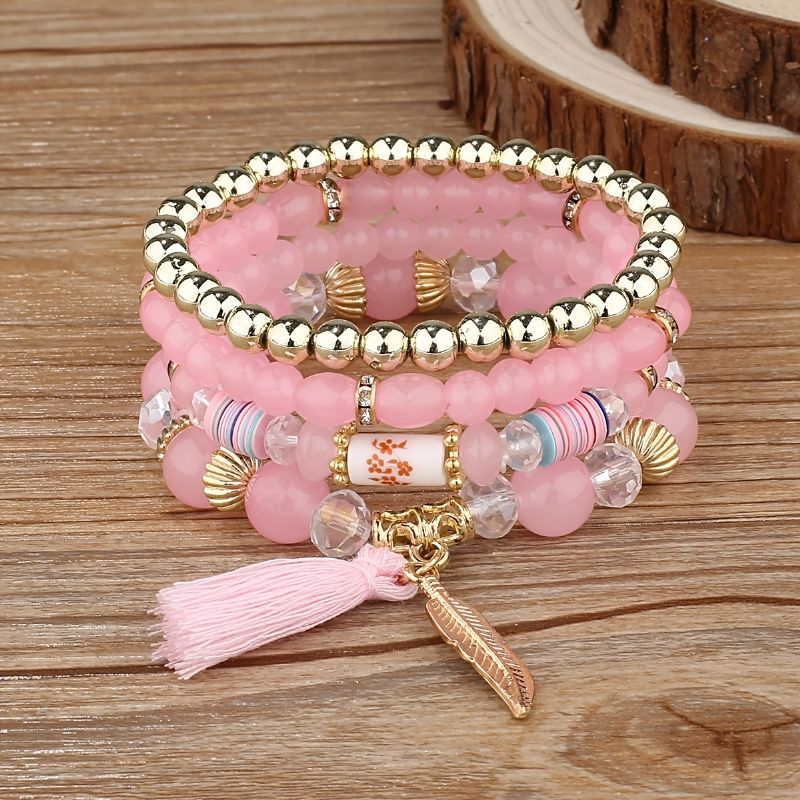 Bohemia Stabelbare Perlearmbånd Kvaster & Blade Vedhæng Stretch & Vintage Multilayer Armbånd Sæt Flerfarvet Smykker Kostume Kæde 4 Stk Til Kvinder & Piger