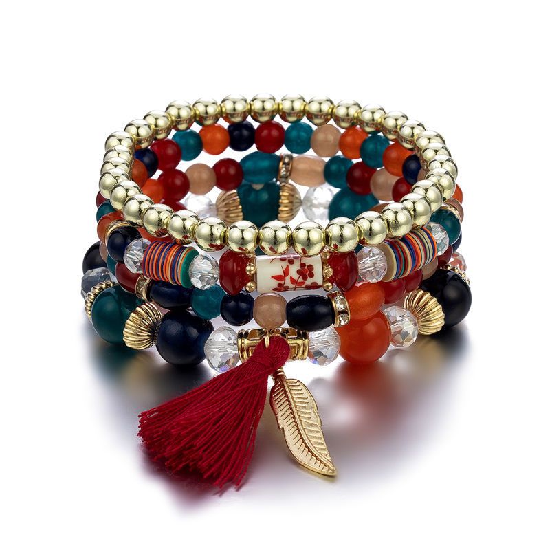 Bohemia Stabelbare Perlearmbånd Kvaster & Blade Vedhæng Stretch & Vintage Multilayer Armbånd Sæt Flerfarvet Smykker Kostume Kæde 4 Stk Til Kvinder & Piger
