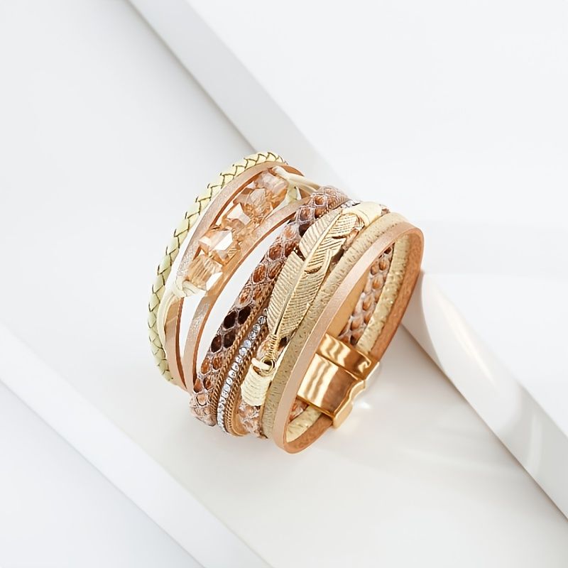 Boho Style Armbånd Krystal Fjer Tilbehør Flerlags Smykker Til Kvinder Teen Piger Kone Mor