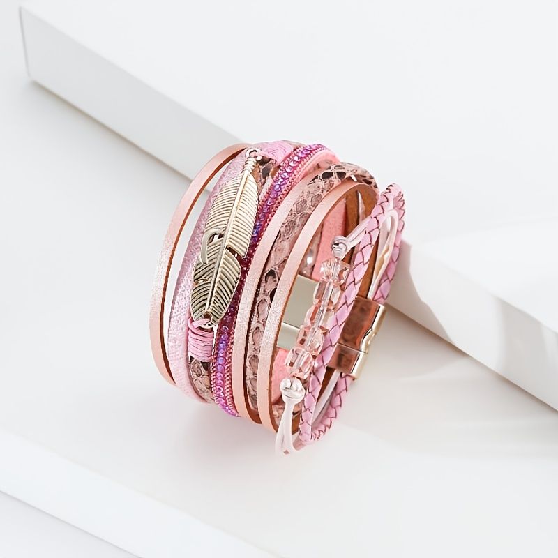 Boho Style Armbånd Krystal Fjer Tilbehør Flerlags Smykker Til Kvinder Teen Piger Kone Mor