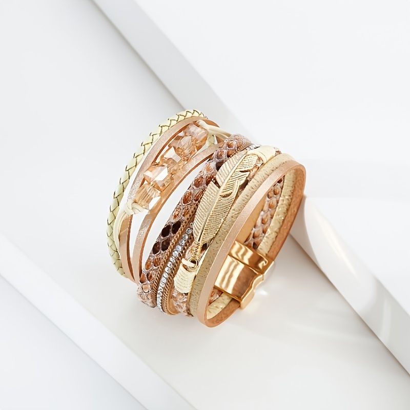 Boho Style Armbånd Krystal Fjer Tilbehør Flerlags Smykker Til Kvinder Teen Piger Kone Mor