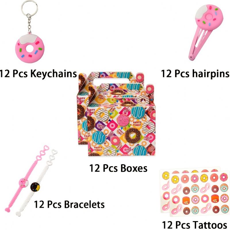 Donut Fødselsdagsfest Favors Supplies Sæt - Armbånd Hårspænder Tatoveringer Nøgleringe Goodie Bags Til Klasseværelsesbelønninger Karnevalspræmier Sæt Gaver Til Børn Piger - Server 12 Gæster