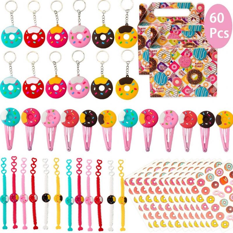 Donut Fødselsdagsfest Favors Supplies Sæt - Armbånd Hårspænder Tatoveringer Nøgleringe Goodie Bags Til Klasseværelsesbelønninger Karnevalspræmier Sæt Gaver Til Børn Piger - Server 12 Gæster