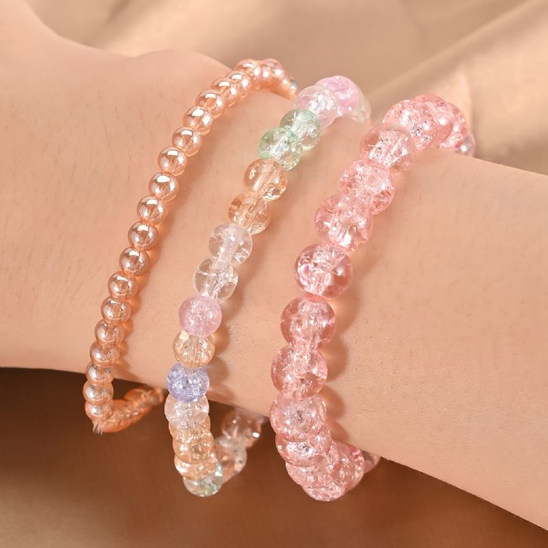 Translucence Crackle Beads Armbånd 3 Stk Candy Color Synthetic Gems Strækbare Søde Smykker Til Kvinder Og Piger Dagligt Tøj Outfit Fødselsdagsgaver