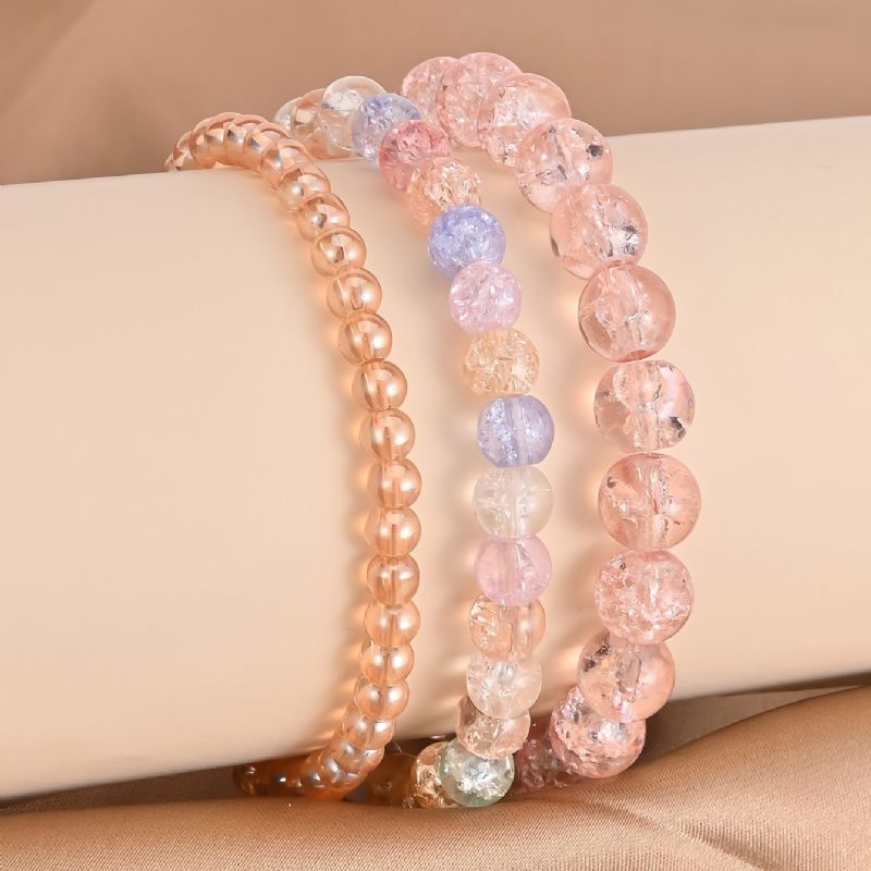 Translucence Crackle Beads Armbånd 3 Stk Candy Color Synthetic Gems Strækbare Søde Smykker Til Kvinder Og Piger Dagligt Tøj Outfit Fødselsdagsgaver