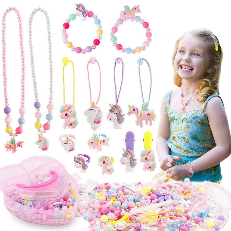 Unicorn Gaver Sæt Til Piger Diy Smykker Stuff Kit - Ringe Armbånd Perle Stil Halskæder Hårnål Fødselsdagsfest Favoriserer Til Børn Fest Legetøj Til Jul Halloween