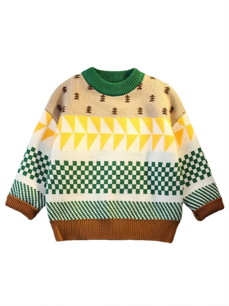 1 Stk Drenge Piger Casual Plaid Print Strikket Pullover Sweater Til Vinter Jul