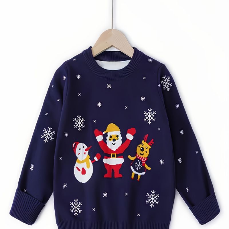 1 Stk Piger Casual Santa Claus Print Pullover Strikket Sweater Rundhals Lange Ærmer Termisk Til Vinter Julefest