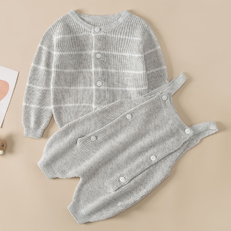 Baby Drenge Casual Strik Sæt Med Stribet Button Down Sweater Ydertøj & Selebukser Til Vinter