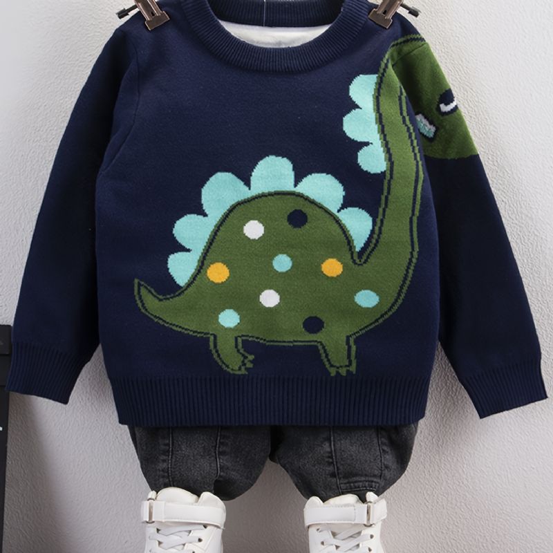Baby Drenge Dinosaur Mønster Sweater Rund Hals Strikket Trøje