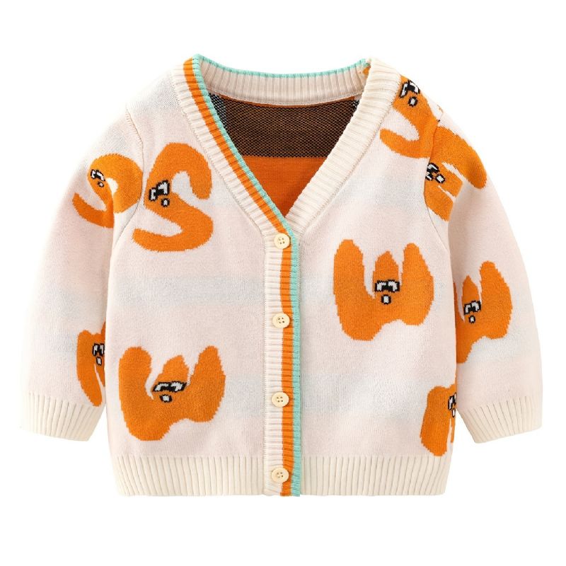 Baby Drenge Piger Strikket Cardigan V-hals Sweater Termojakke Med Tegneseriemønster Til Vinter Babytøj