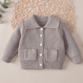 Baby Piger Ensfarvet Sweater Revers Knap Lomme Strikket Cardigan Småbørn Tøj