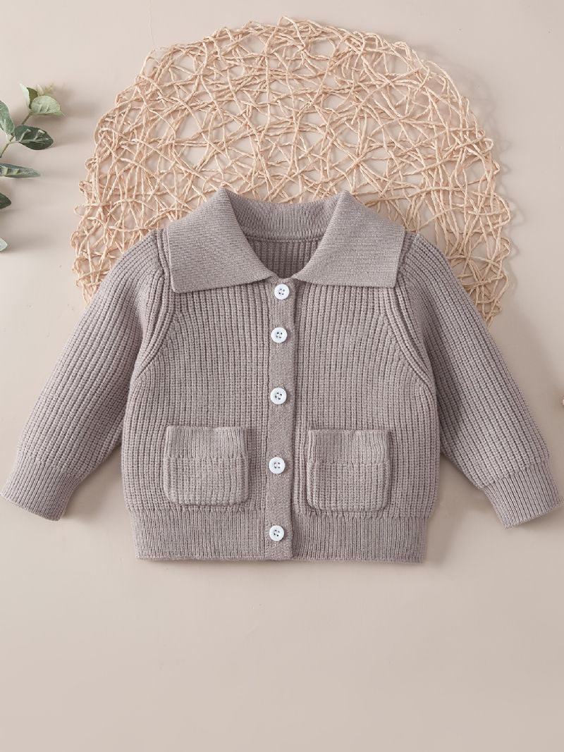 Baby Piger Ensfarvet Sweater Revers Knap Lomme Strikket Cardigan Småbørn Tøj