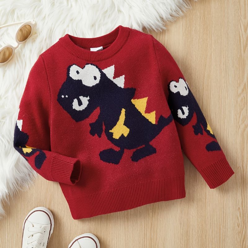 Baby Sweater Rundhalset Langærmet Dinosaur Mønster Strikket Pullover Til Drenge Piger Børn Tøj