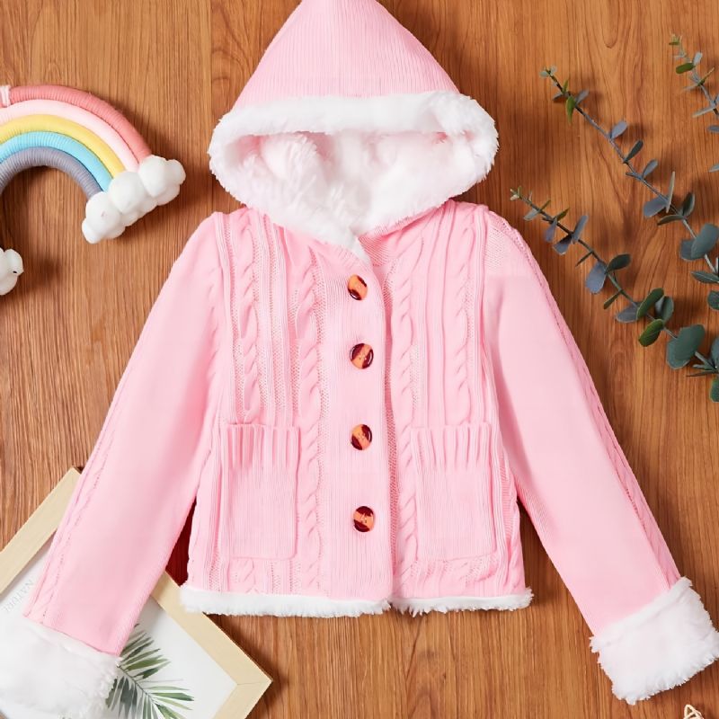 Babypiger Hættestrikket Cardigan Fleece Sweater Med Knapper Til Vinter Babytøj