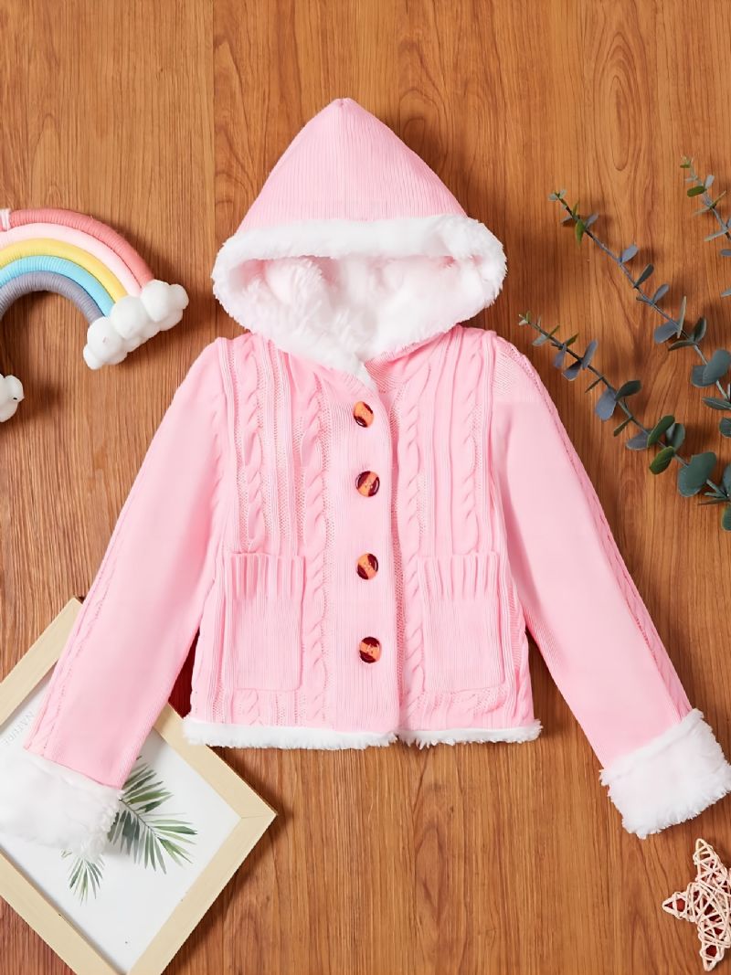 Babypiger Hættestrikket Cardigan Fleece Sweater Med Knapper Til Vinter Babytøj