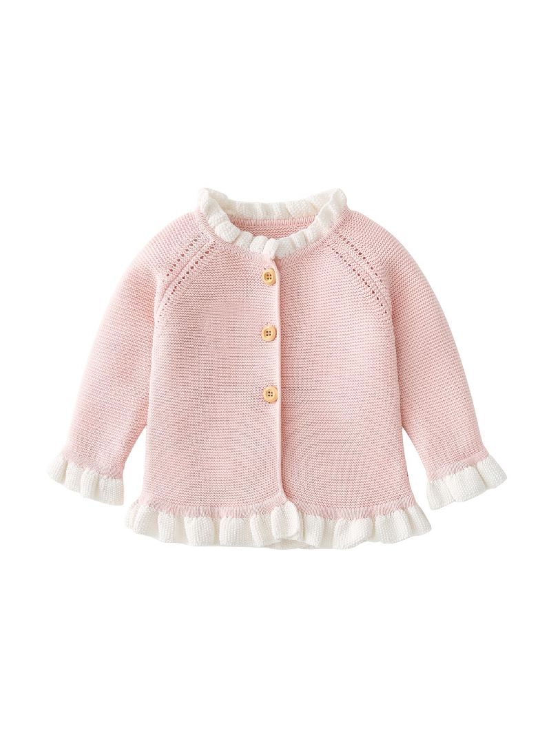 Babypiger Pink Flæsestrikket Cardigan Langærmet Rundhals-sweater Småbørnstøj