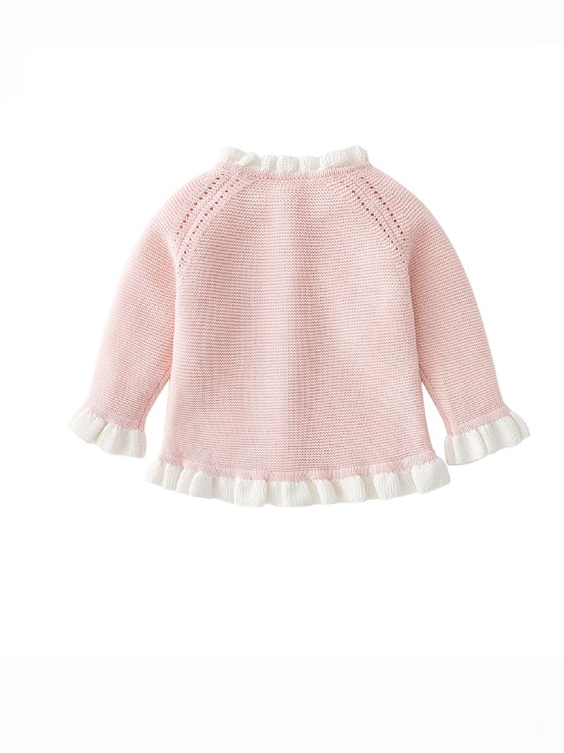 Babypiger Pink Flæsestrikket Cardigan Langærmet Rundhals-sweater Småbørnstøj