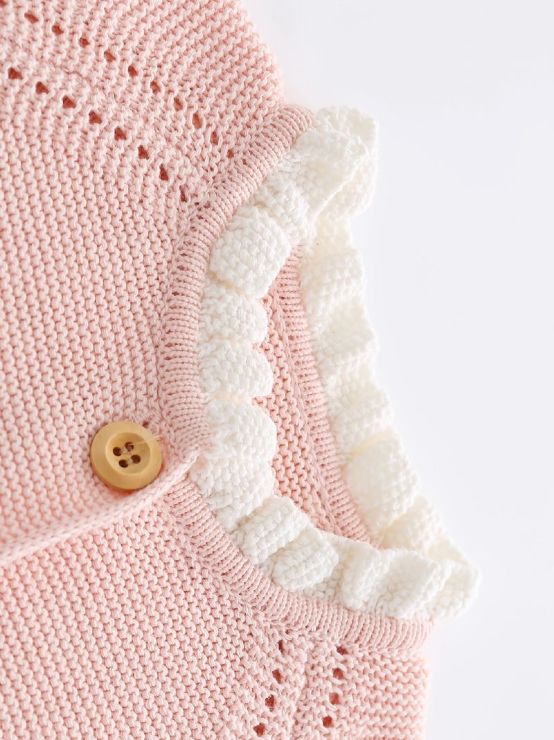 Babypiger Pink Flæsestrikket Cardigan Langærmet Rundhals-sweater Småbørnstøj