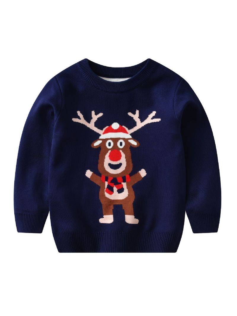 Børn Christmas Elg Mønster Sweater Rund Hals Strikket Pullover Drenge Piger