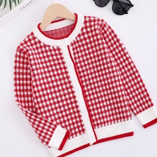 Børn Piger Plaid Strikket Cardigan Casual Farve Blok Knap Sweater