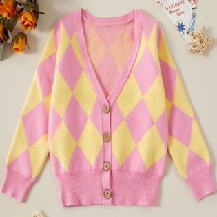 Børn Piger Rhombus Strik Cardigan Button-up Sweater Til Vinter Børnetøj