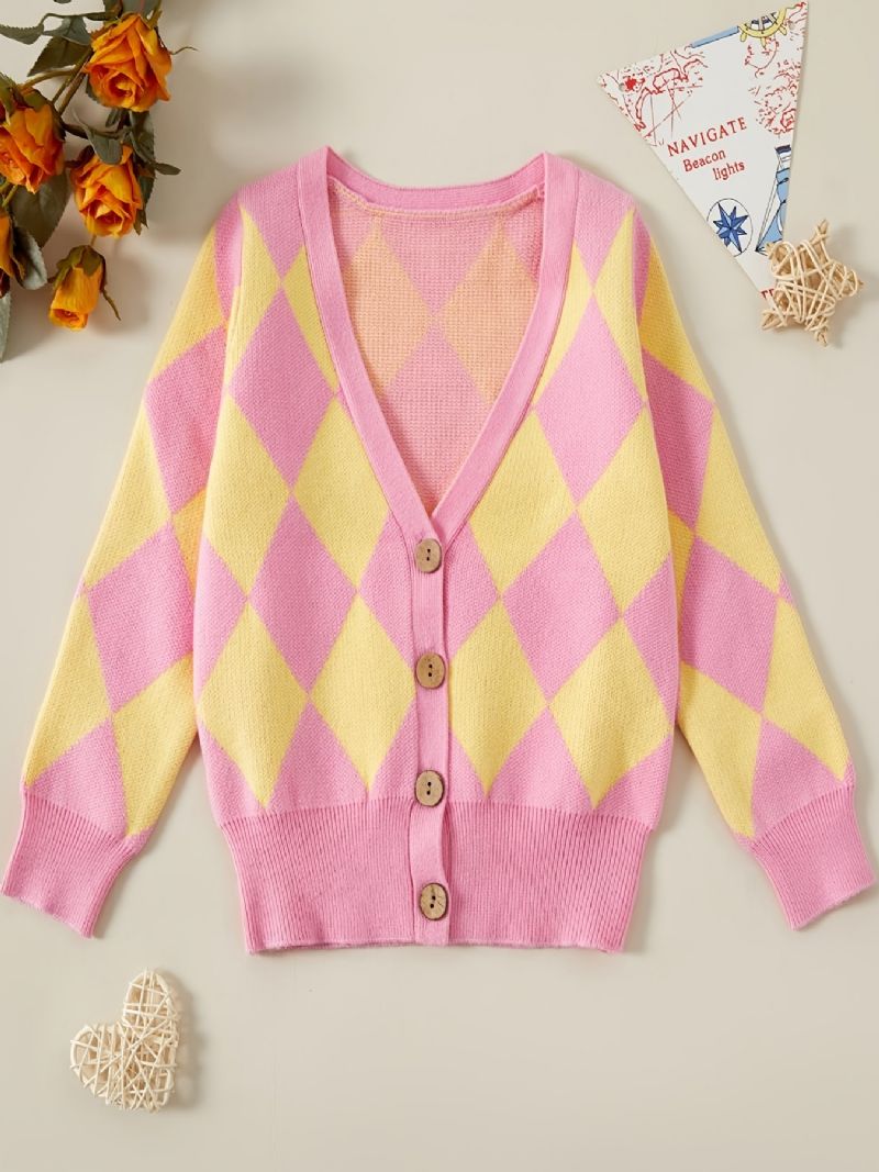 Børn Piger Rhombus Strik Cardigan Button-up Sweater Til Vinter Børnetøj