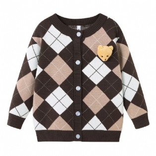 Børnepigers Sweater Plaid Bear College Style Strikket Cardigan