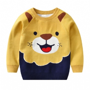 Børnestrikket Sweater Med Dyreløveprint Til Vinter Nyhed